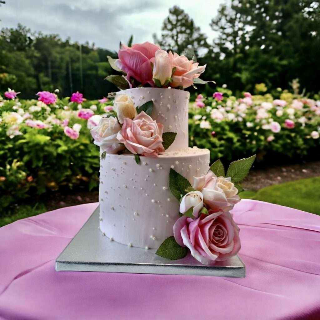 Torta elegante di compleanno a due piani con fiori freschi rosa e perle di zucchero, realizzata su misura per eventi speciali a Milano