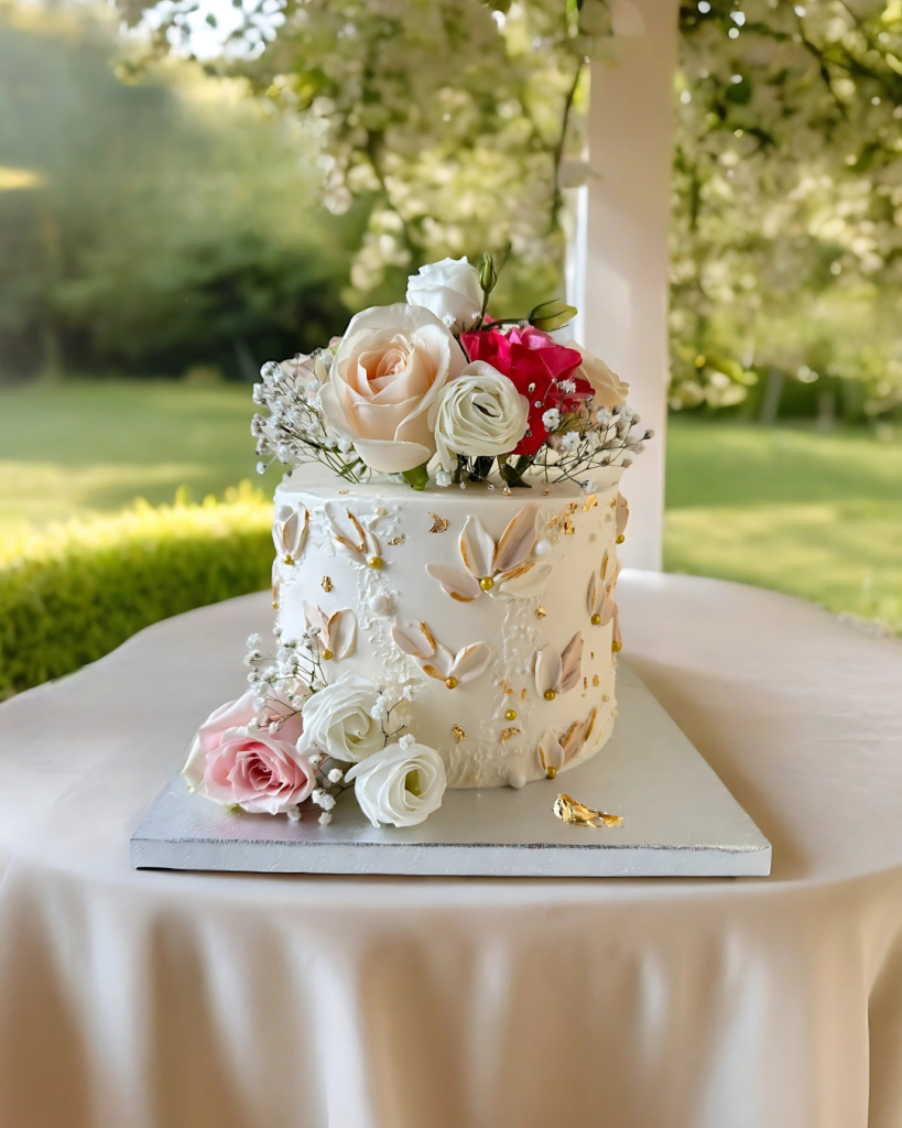 Torta elegante decorata con fiori freschi rosa, bianchi e dettagli dorati, su base floreale artigianale