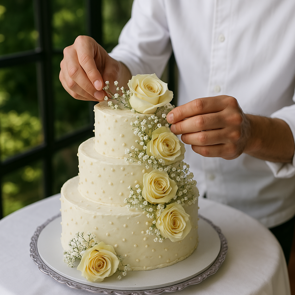 Torta promessa di matrimonio elegante con rose gialle e decorazioni floreali artigianali
